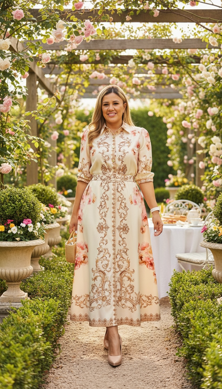 Vestido Largo Beige con Flores Rosas y Con Cinto